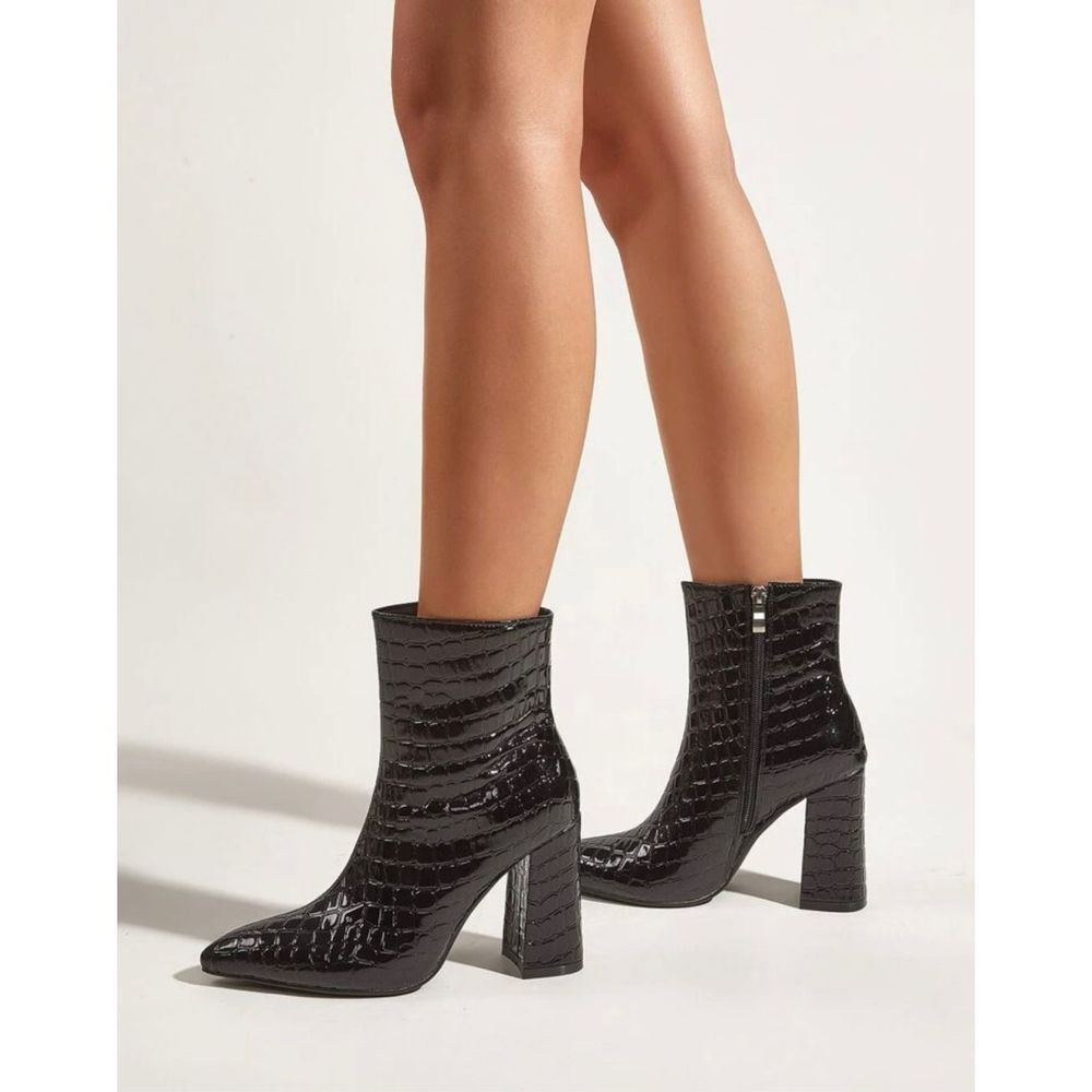 Side Zip Croc Embossed Chunky Heeled Boots - Picture 3 of 4